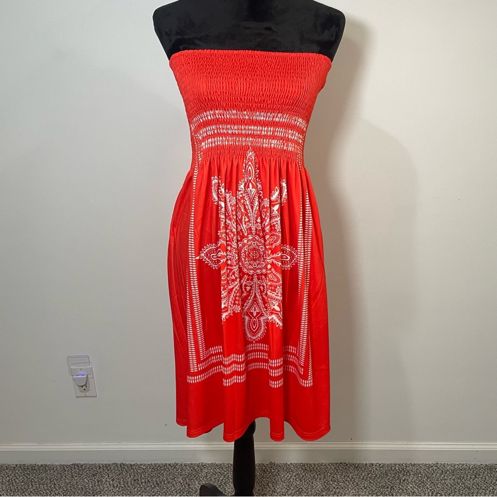 Black and Orange Strapless Sundress for Resort Wear